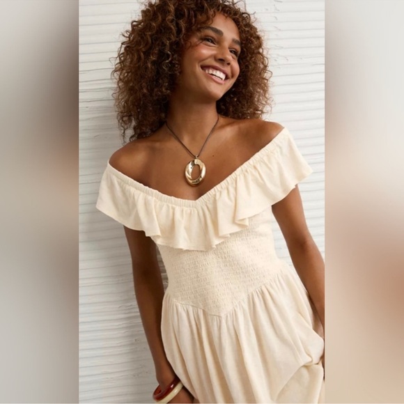 NWT American Eagle Outfitters sun chaser drop waist Cream Ruffle Midi Dress - Picture 2 of 7